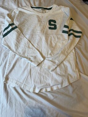 PINK Victoria's Secret White Long Sleeve Tee with Green Stripes